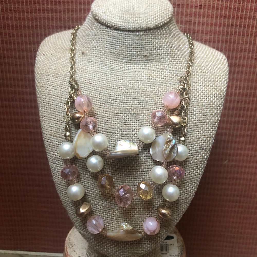 Brass Necklace with Seashells, Beads, and Crystals